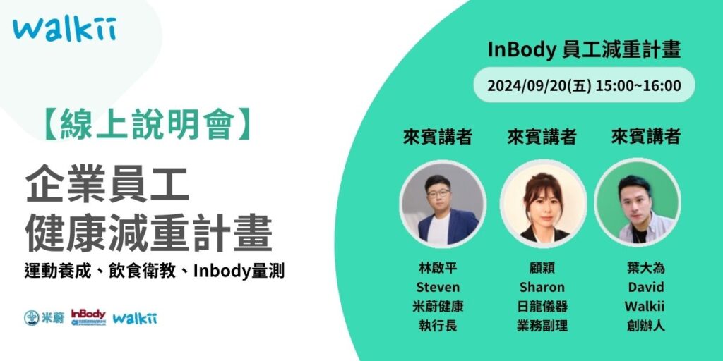 企業員工健康減重計畫是目前許多企業推廣員工健康的重要一環。2024年9月20日,一場由Walkii、米蔚和InBody共同舉辦的線上活動,將專注介紹如何運用InBody量測、運動習慣養成與營養衛教,來促進員工的健康管理。