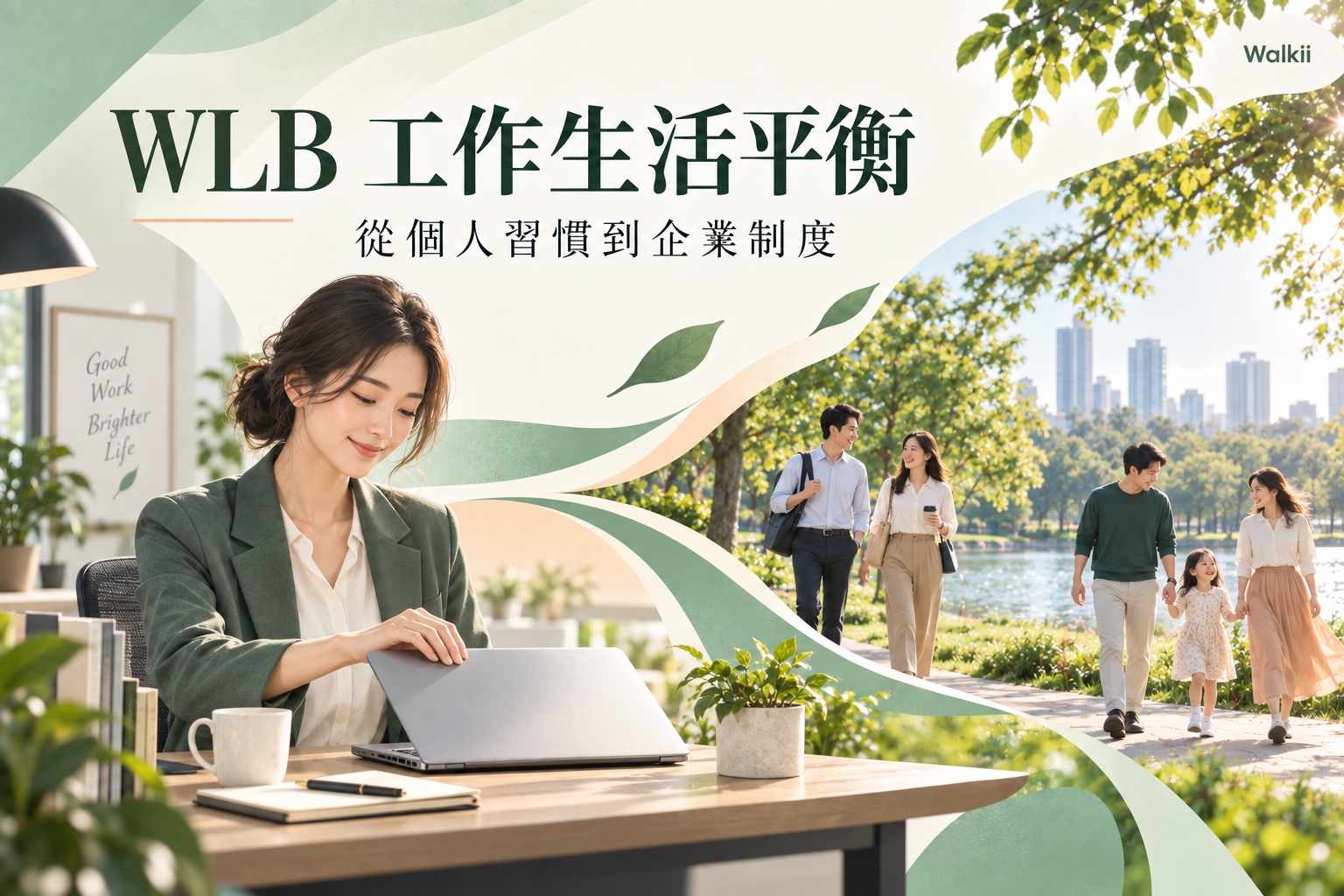 WLB 工作生活平衡真人攝影風格封面：女性闔上筆電，同事與家人在公園散步，呈現工作與生活的平衡。