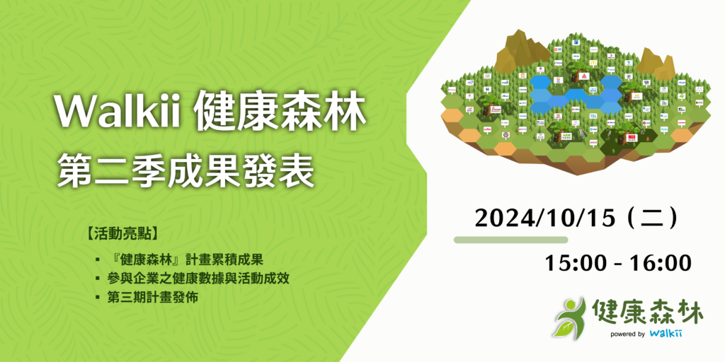 Walkii健康森林，是一項結合員工健康促進與環境保護的創新活動，致力於推動企業在ESG的行動。這項計畫不僅讓企業提升員工健康，還同時為環境貢獻一份力量。2024年10月15日，Walkii 將舉辦「健康森林」第二季成果發表會，分享計畫的進展、成效以及即將推出的第三期計畫。