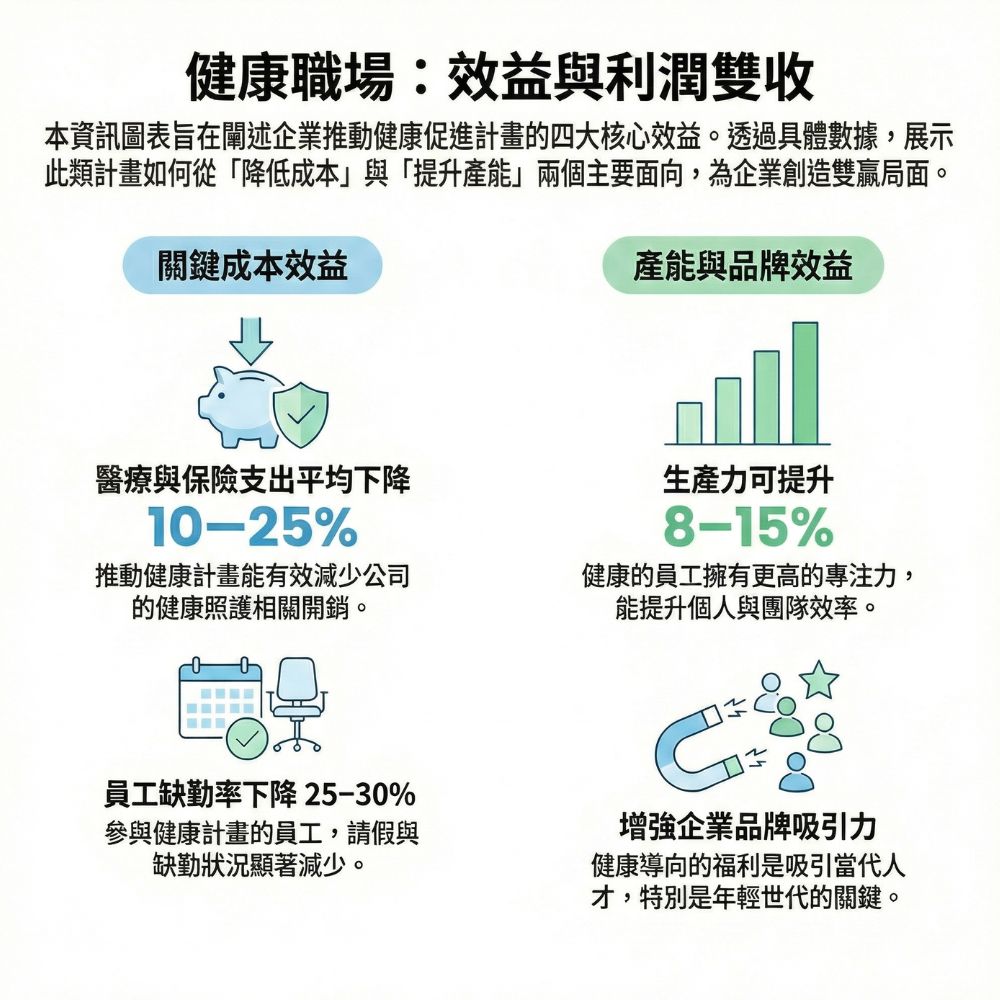 對企業的效益:
降低缺勤與請假
研究顯示,參與企業健康促進計畫的員工,缺勤率可下降 25–30%。
減少醫療與保險支出
國內外企業均發現:推動健康計畫後,醫療支出平均下降 10–25%1-10。(註:多篇國際綜論顯示,設計良好的職場健康促進/企業健康計畫,可使醫療與相關健康照護支出平均減少約 20–30%,部分報告將此區間整理為約 10–25% 或以上。)
提升專注力與團隊效率
健康的員工專注力更高,生產力可提升 8–15%。
增強企業品牌吸引力
健康導向的福利是當代求職者非常重視的指標之一,尤其是年輕世代。
