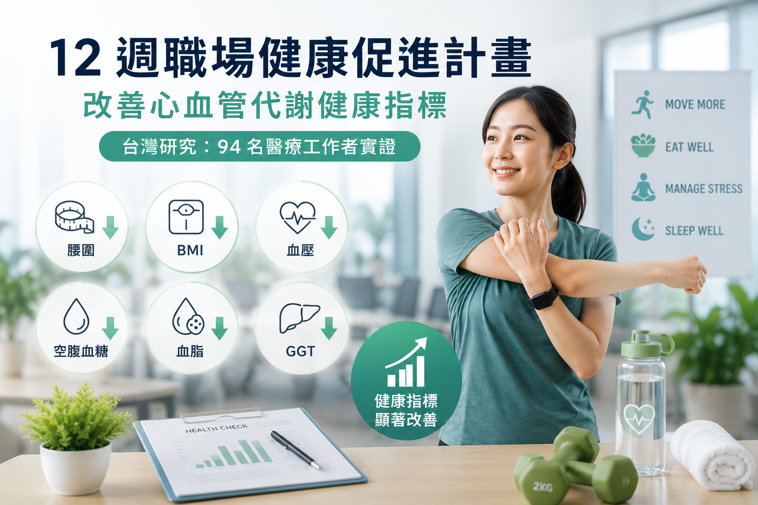 台灣12週企業健康促進研究、員工BMI血壓血糖改善、職場健康促進與心血管代謝風險