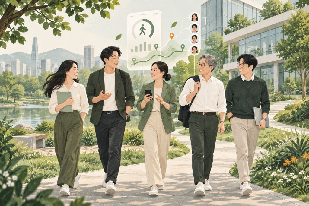 不同年齡的同事在辦公園區一起健走,搭配活動紀錄介面的情境插畫