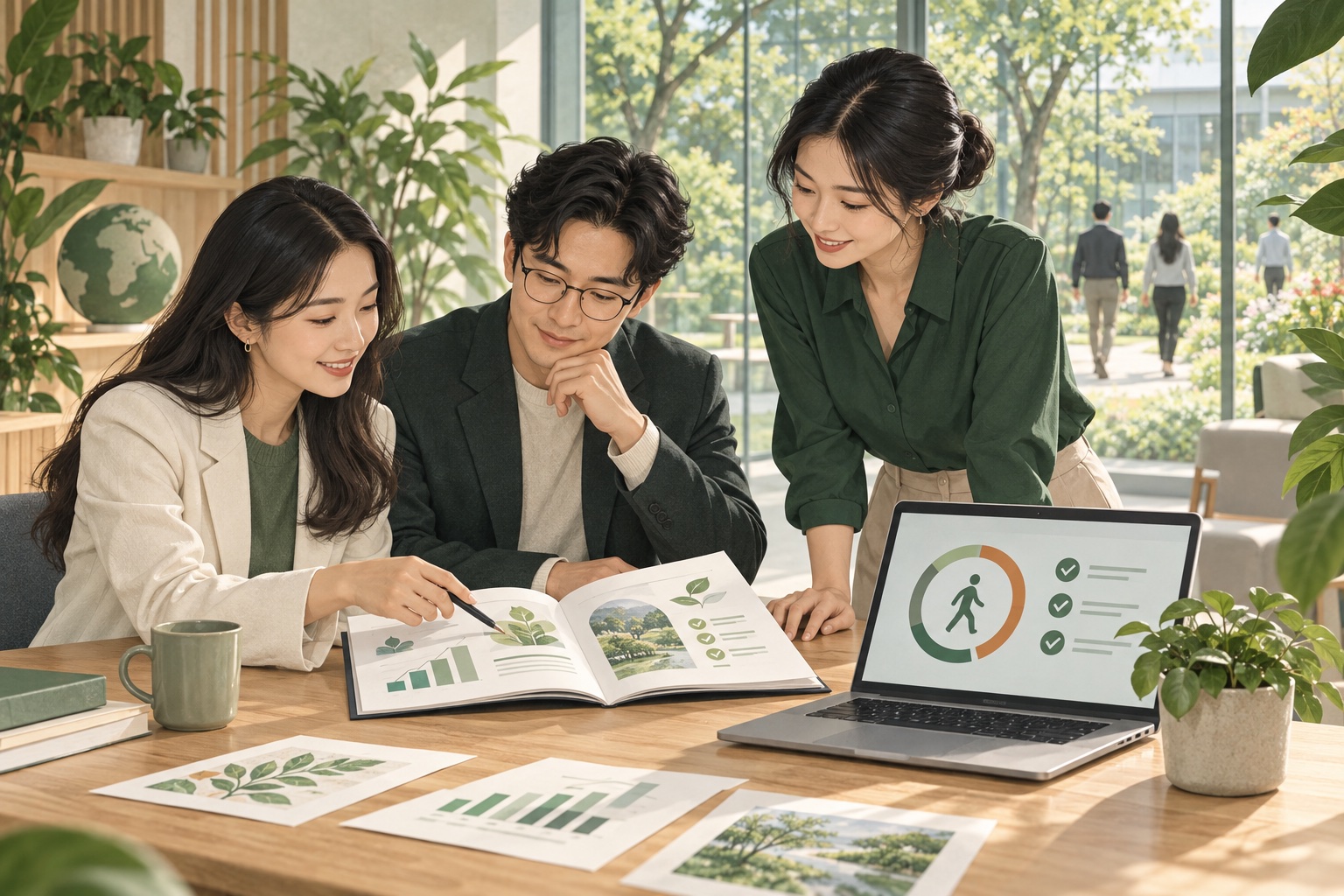 人資與永續團隊共同檢視員工健康活動報告及圖表的情境插畫
