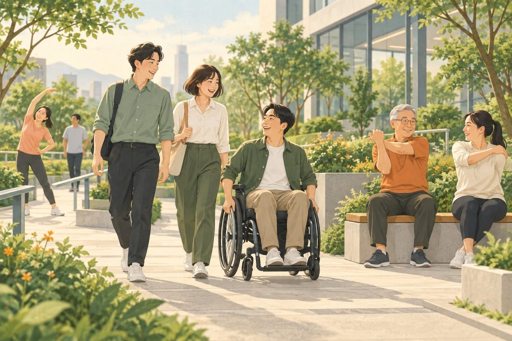 不同年齡及行動方式的員工在無障礙園區健走、使用輪椅與伸展的情境插畫