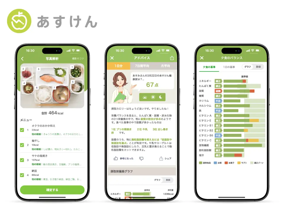 あすけん AI 飲食管理 App 的餐點照片分析、營養建議與營養素圖表畫面