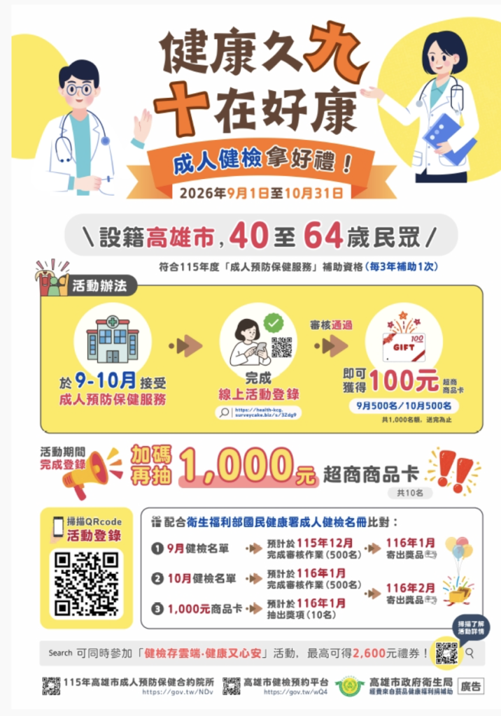 高雄成人健檢拿好禮100元超商商品卡健康獎勵活動