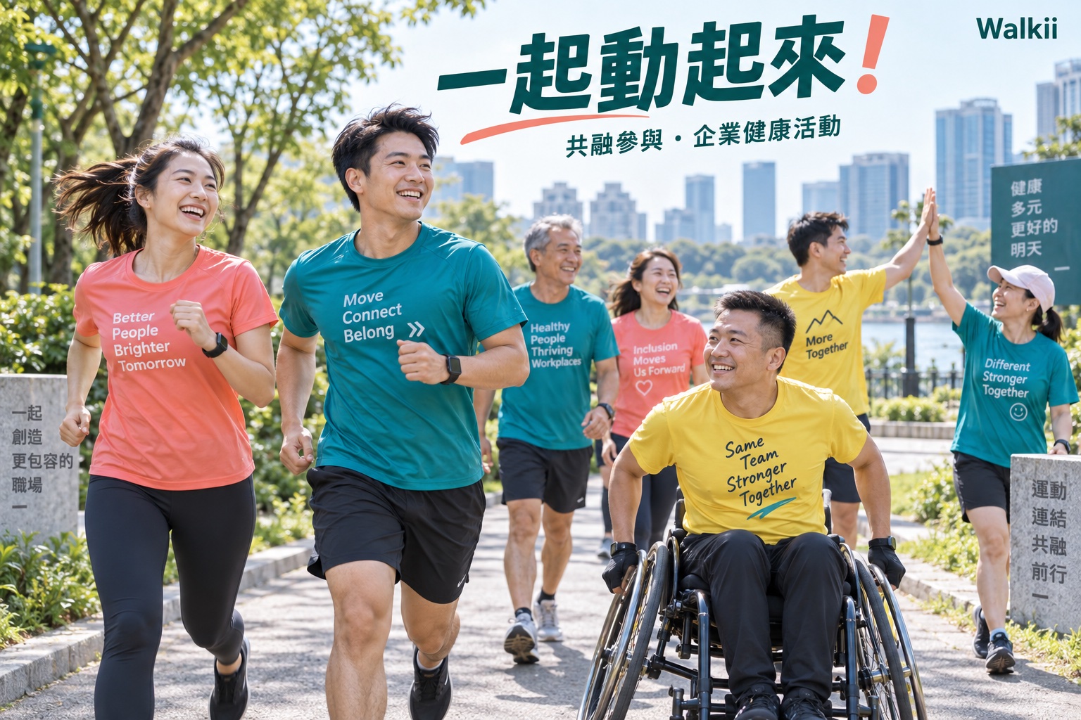 不同年齡與行動方式的同事在公園共同跑步、輪椅運動與擊掌，呈現有活力的企業共融健康活動；AI 生成情境示意。