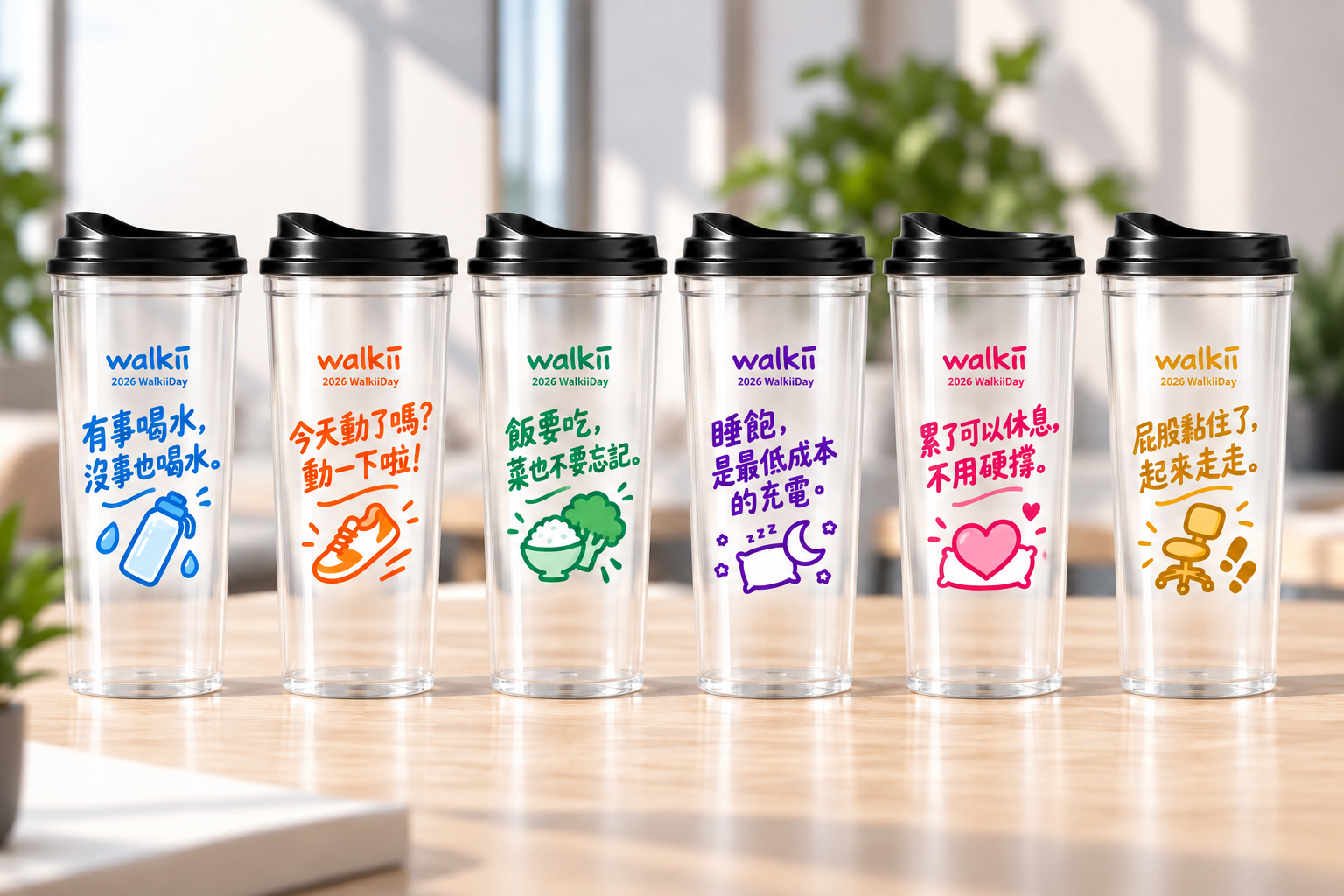 Walkii Day 2026 六款限定紀念杯：喝水、運動、飲食、睡眠、休息與起身活動的健康提醒
